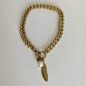 Moon C Gold Beaded convertible Double-Strand Necklace with Feather & Pearl Charm